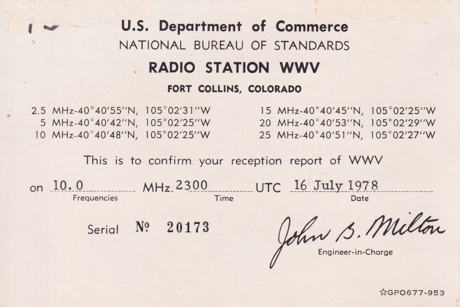 Back of WWV (Time Station) QSL