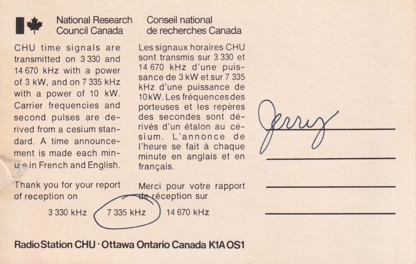 Back of CHU (Time Station) QSL