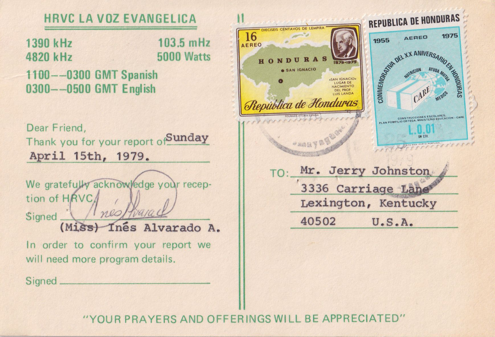 Back of La Voz Evangelica QSL
