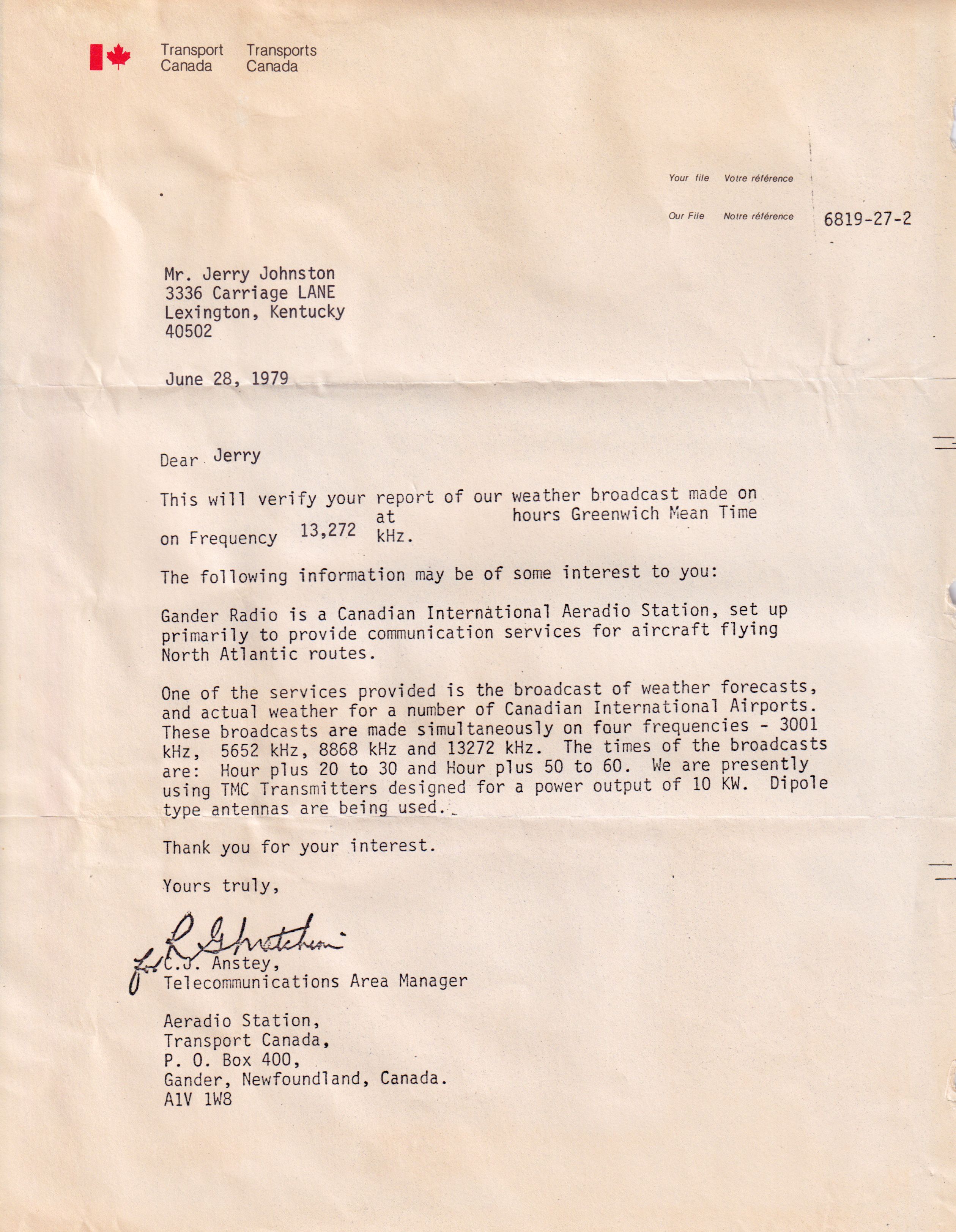 Letter for Gander Aeradio