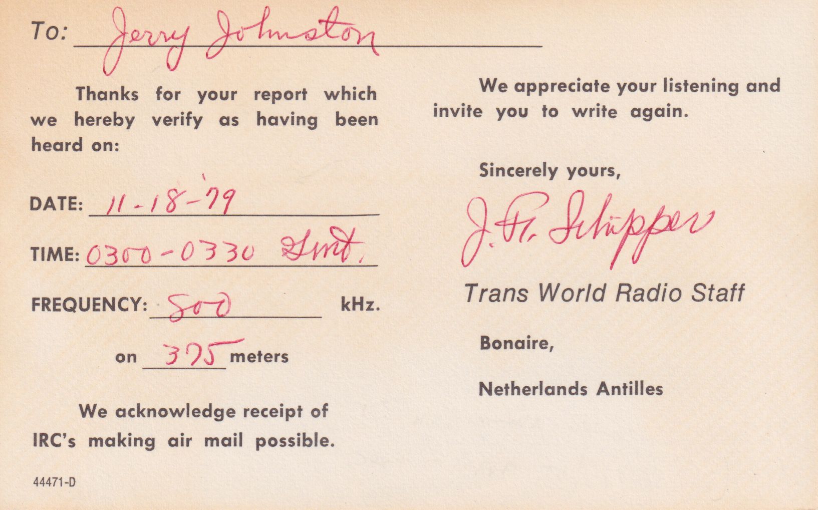 Back of Trans World Radio QSL