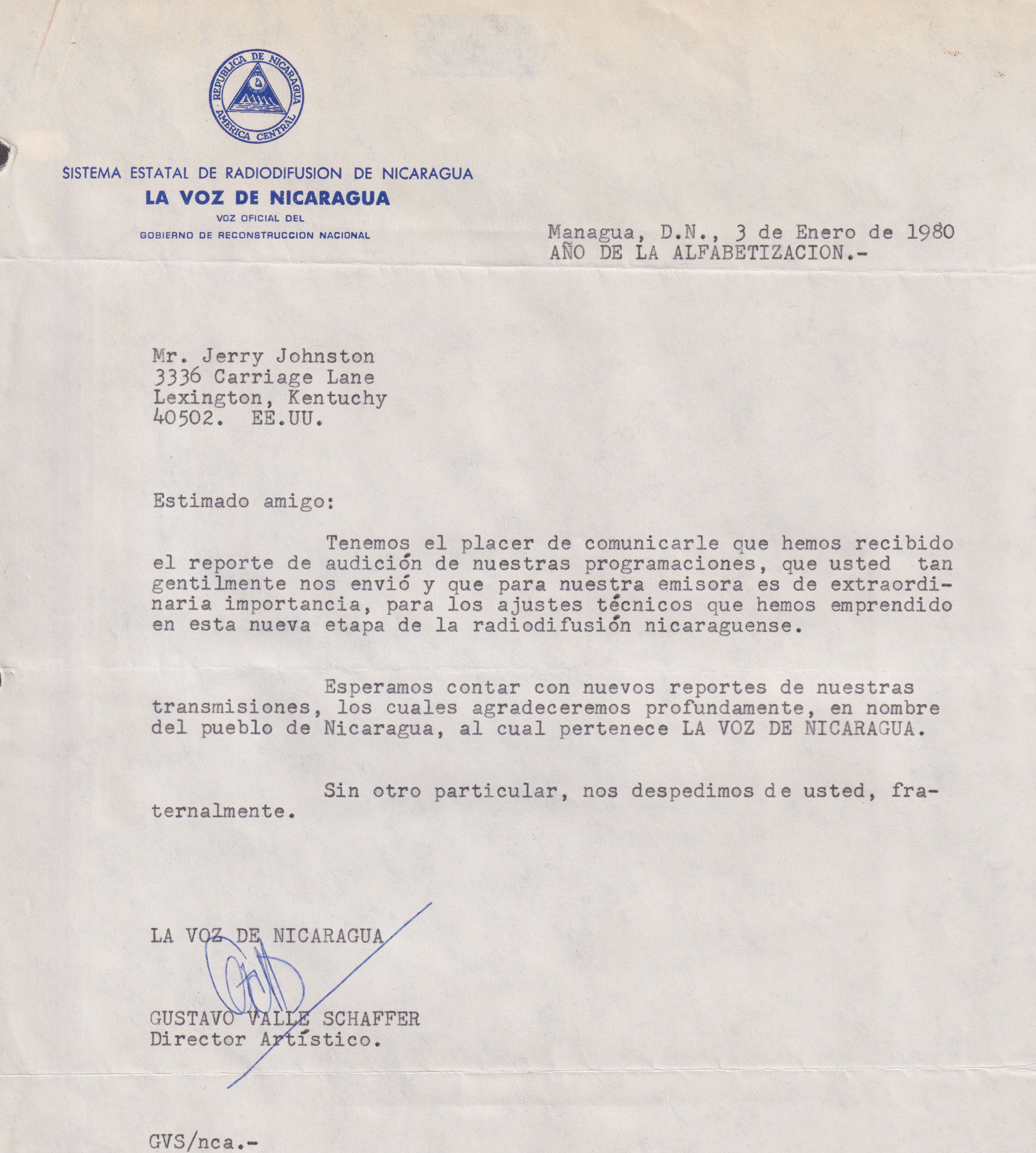 Letter for La Voz de Nicaragua