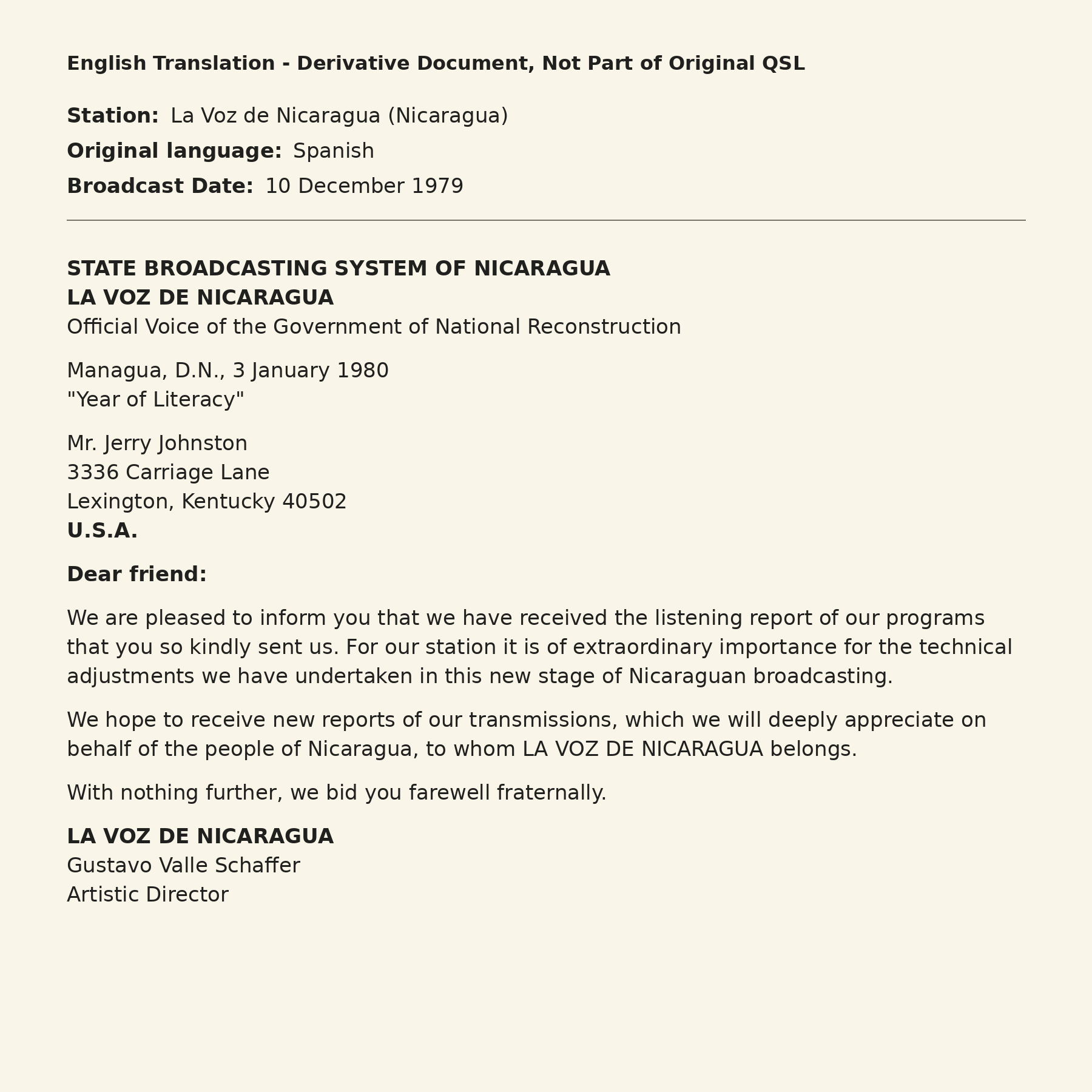 Translated of La Voz de Nicaragua QSL