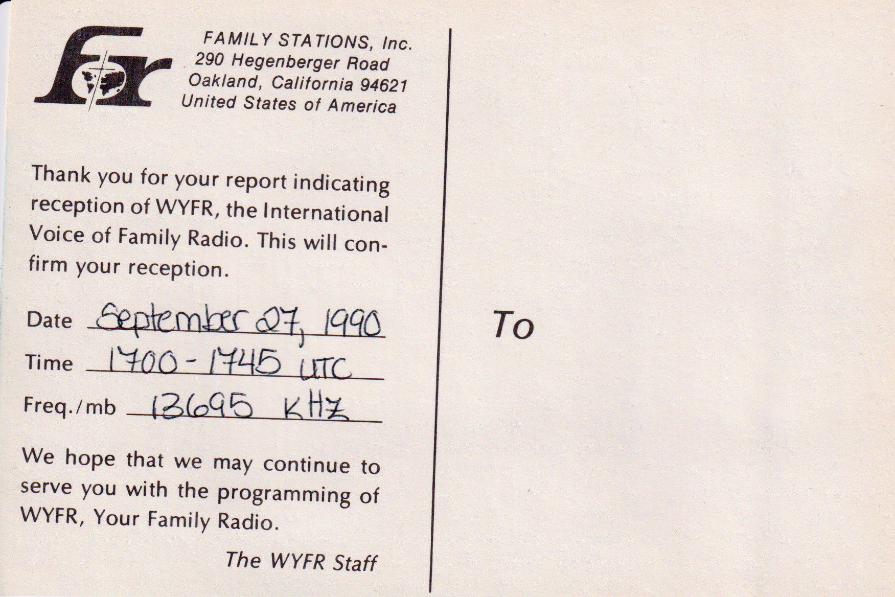 Back of WYFR QSL