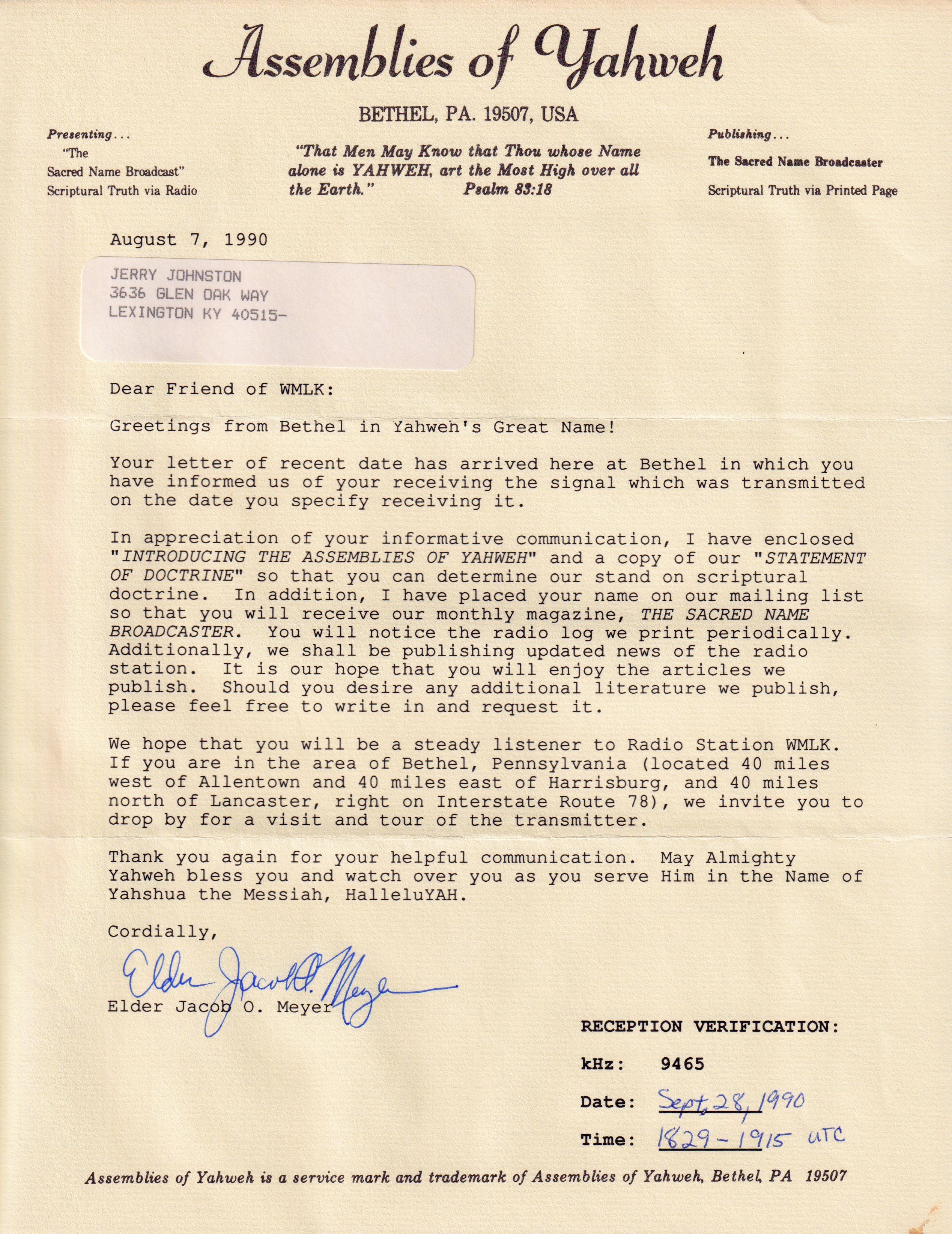 Letter for WMLK