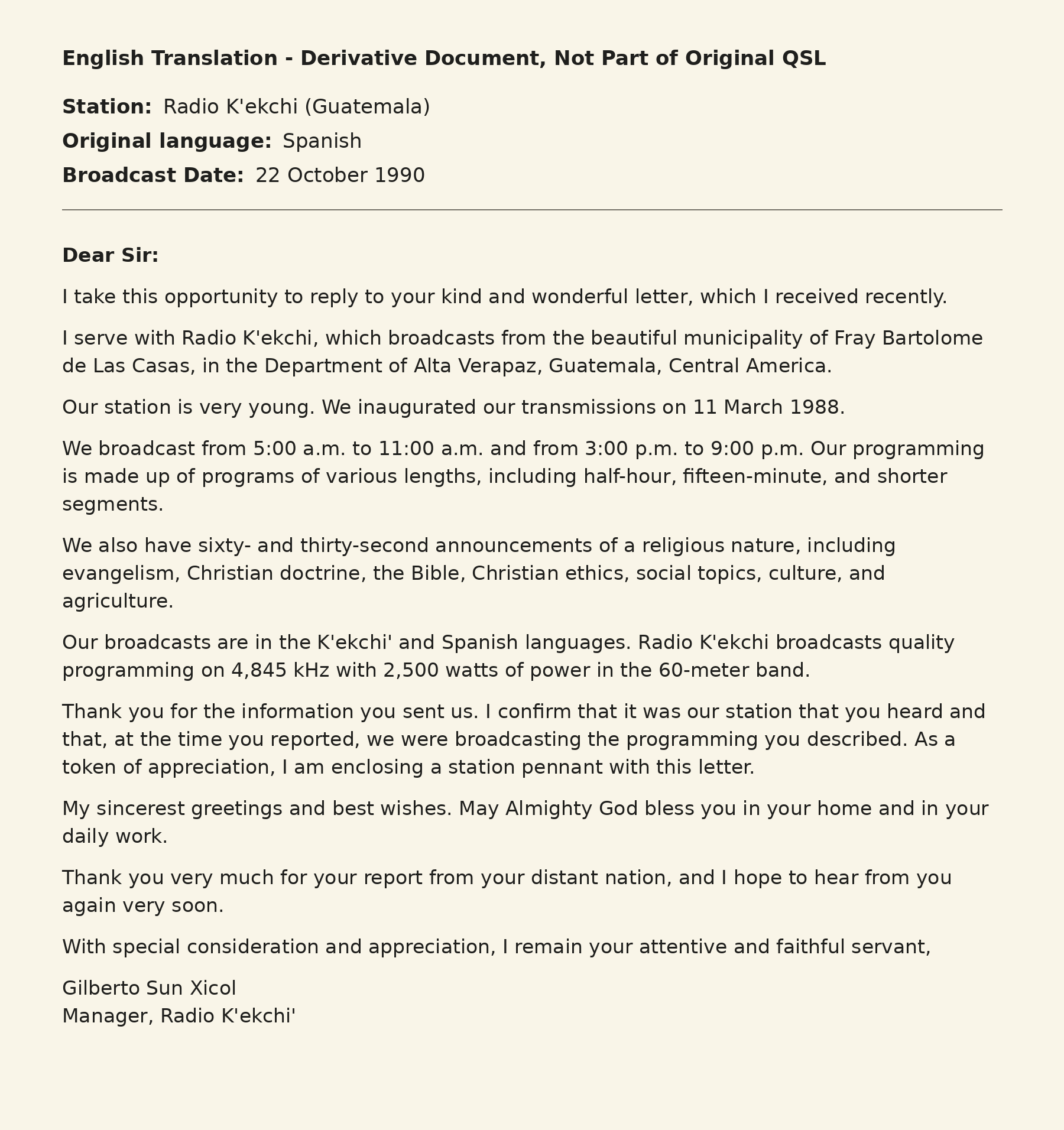 Translated of Radio K'ekchi QSL