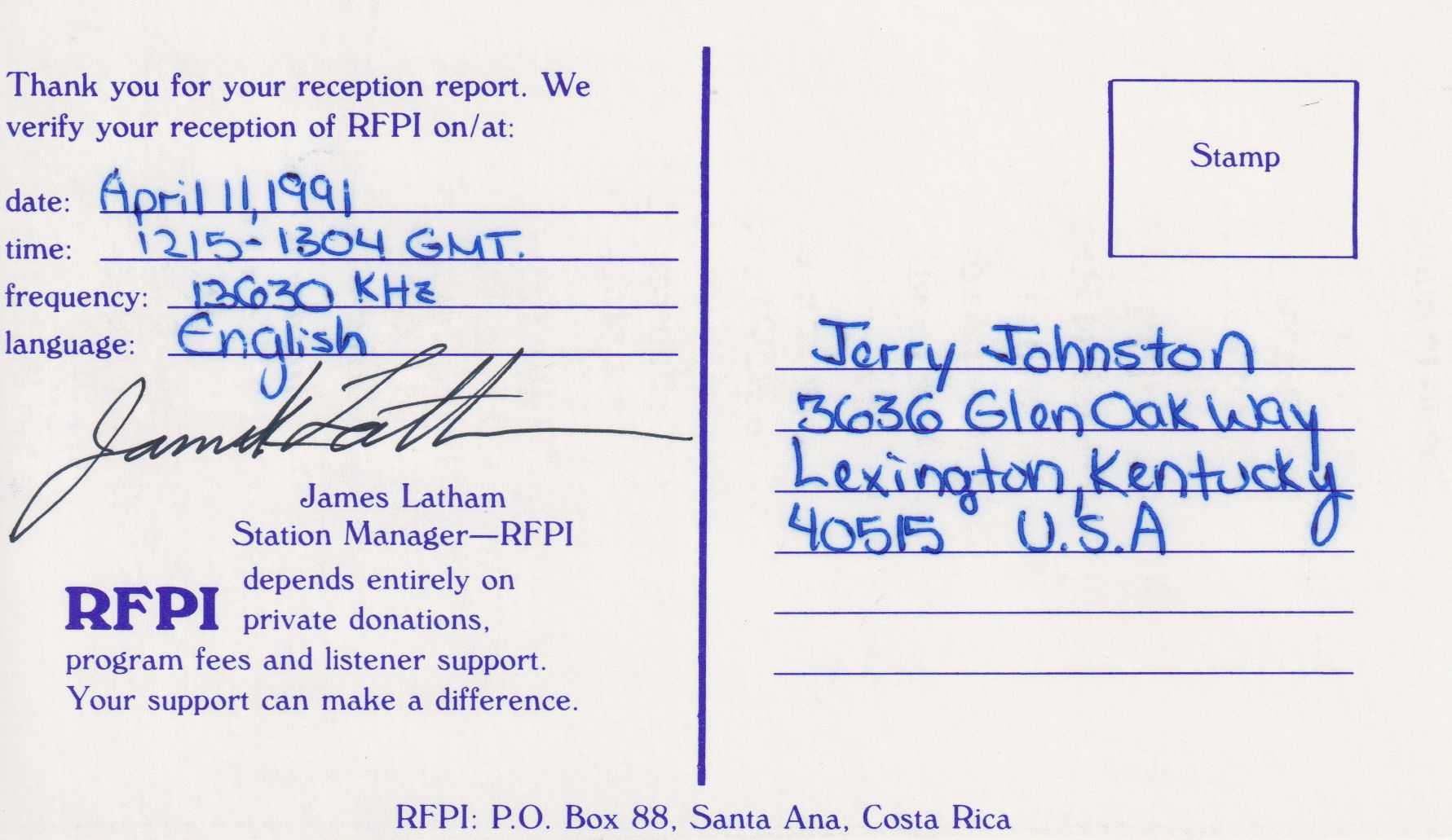 Back of Radio For Peace International QSL
