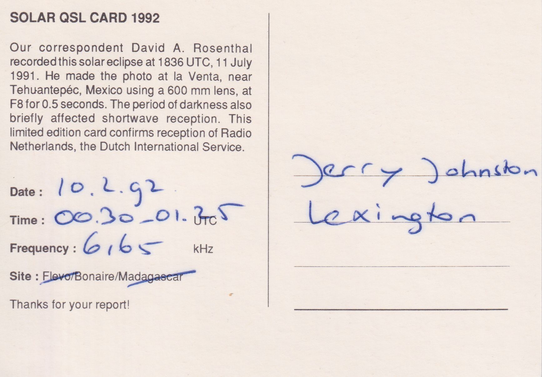 Back of Radio Nederland QSL