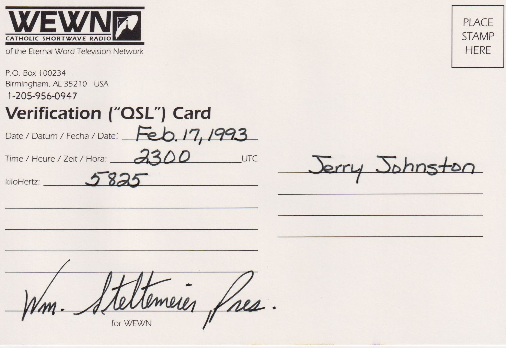 Back of WEWN QSL