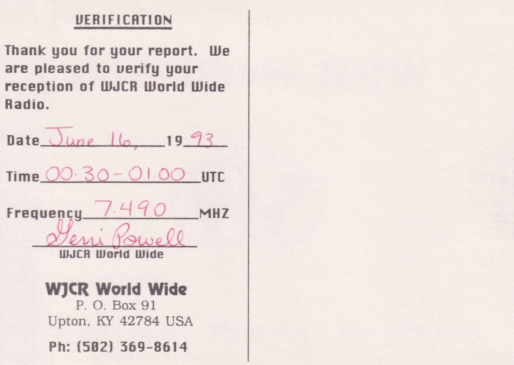 Back of WJCR QSL
