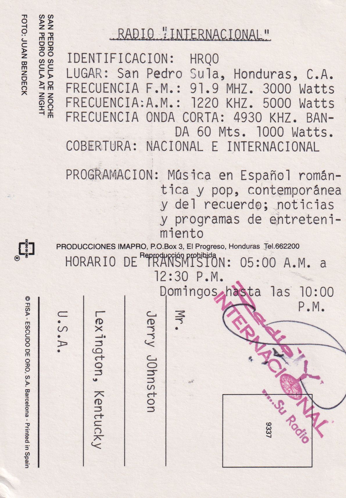 Back of Radio Internacional QSL