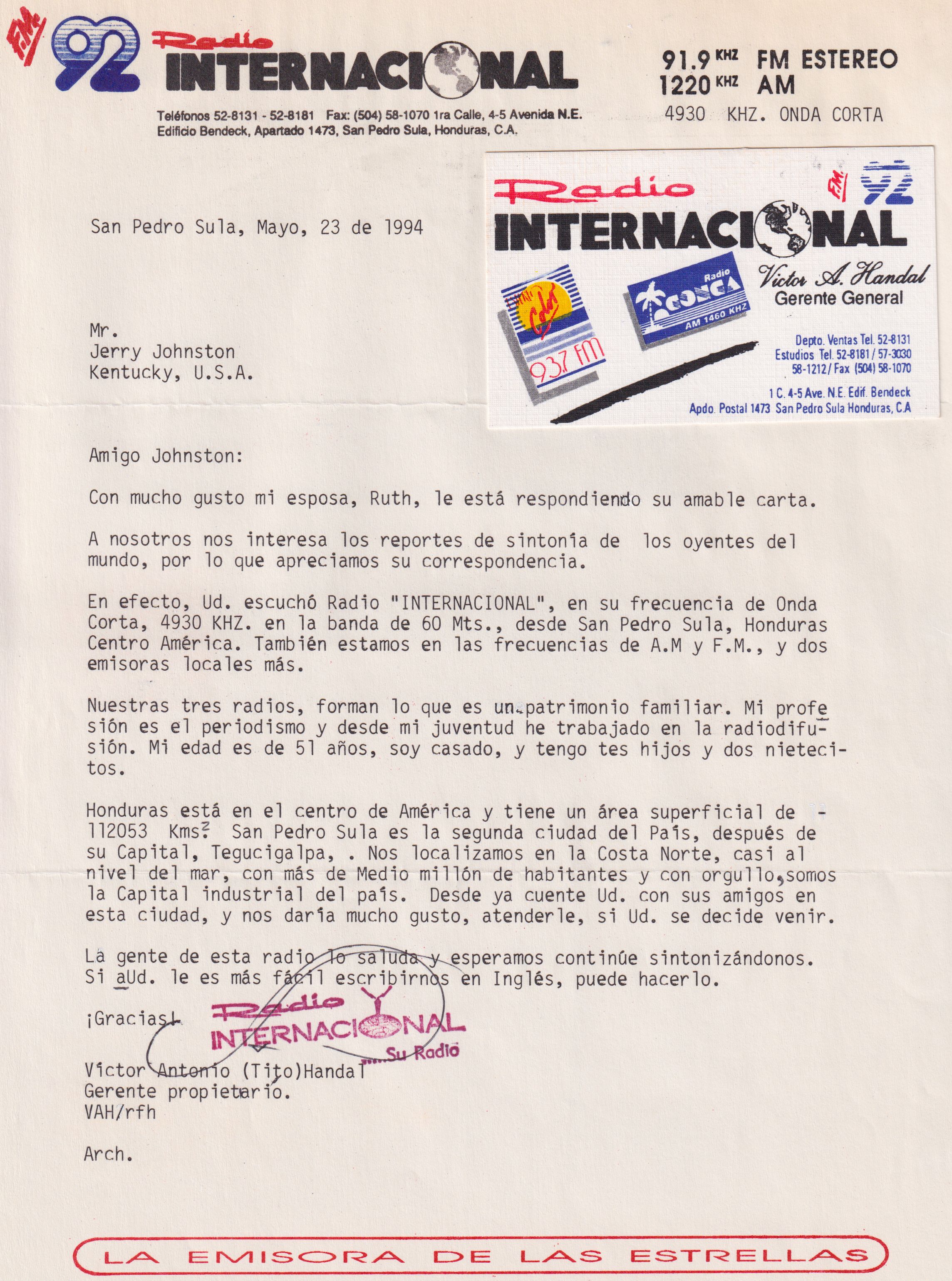 Letter of Radio Internacional QSL