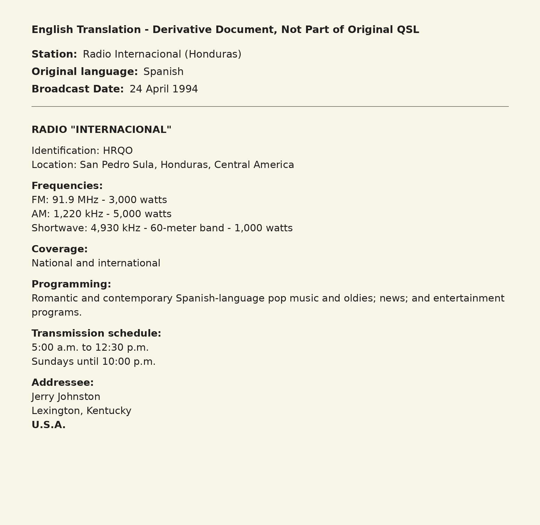 Translated of Radio Internacional QSL