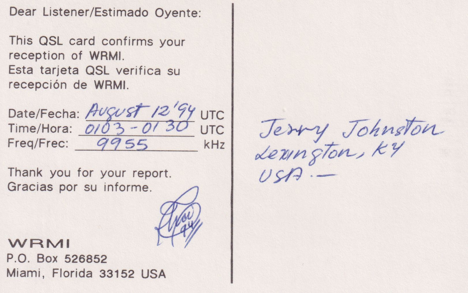 Back of WRMI QSL