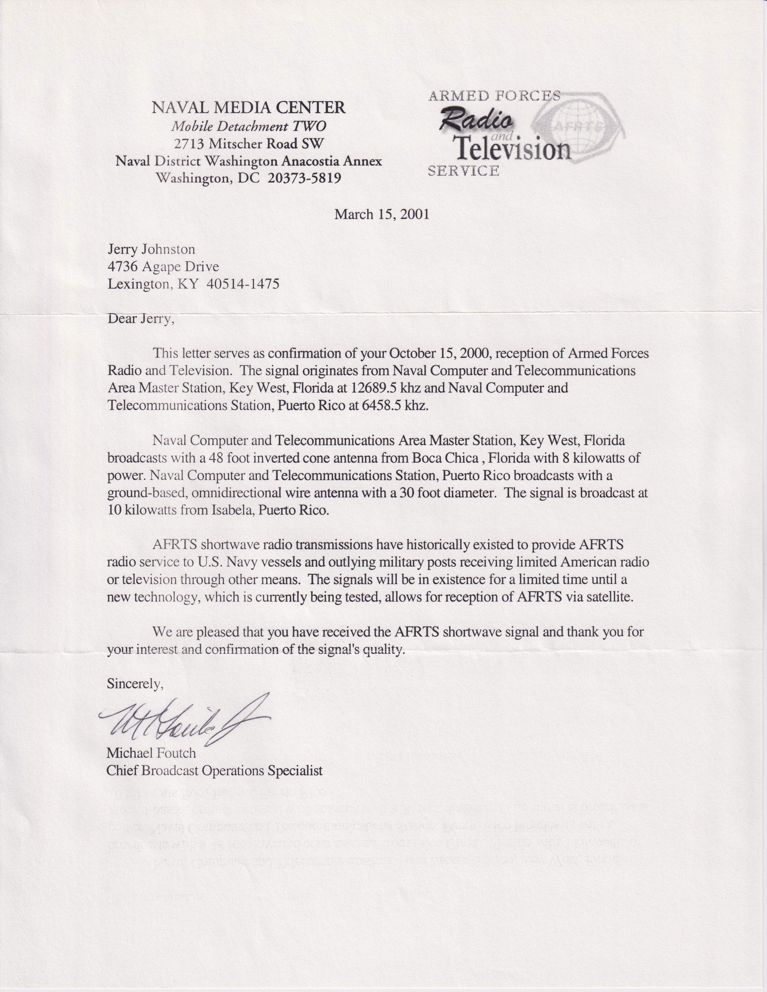 Letter for American Forces Network