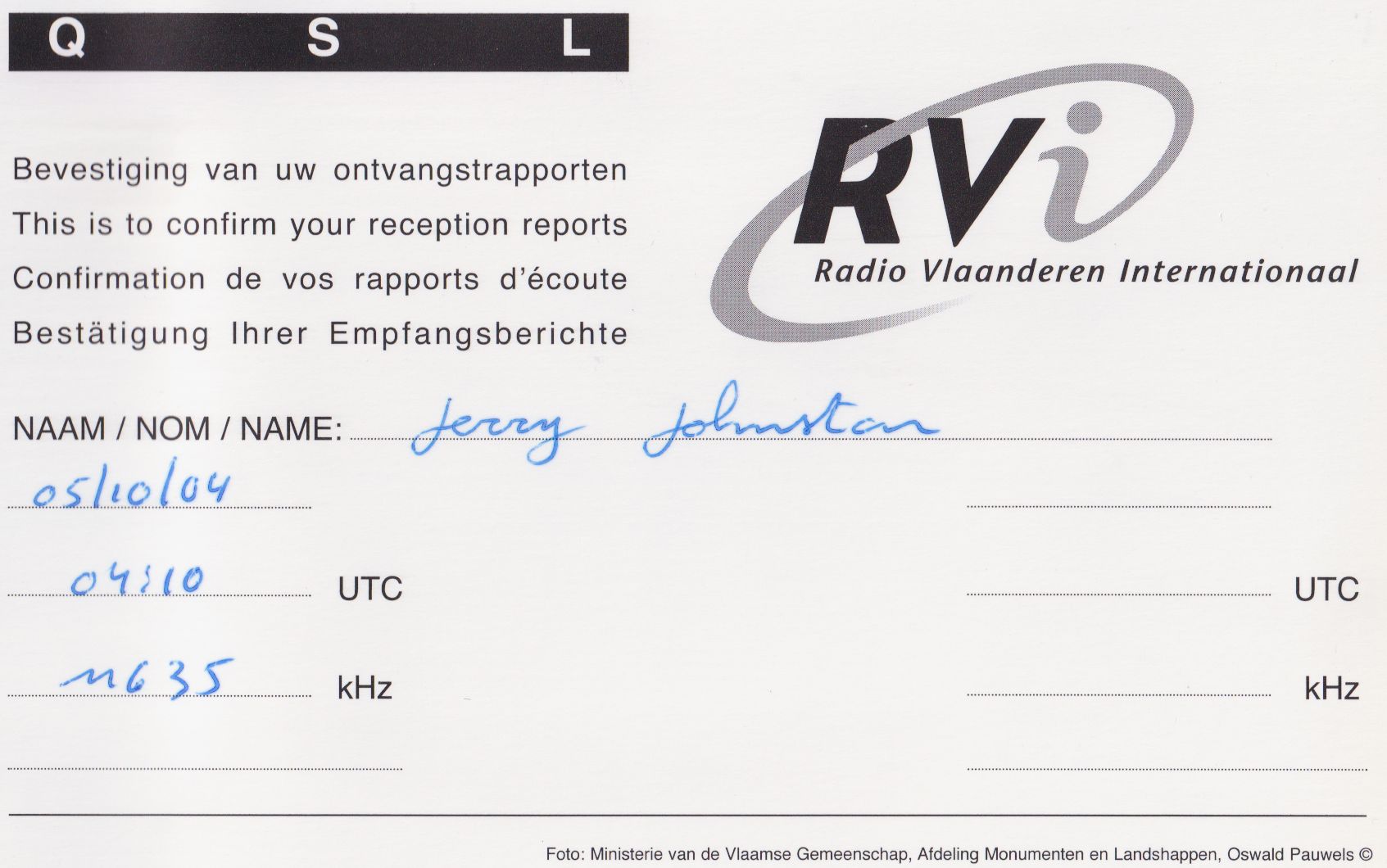 Back of Radio Vlaanderen International QSL
