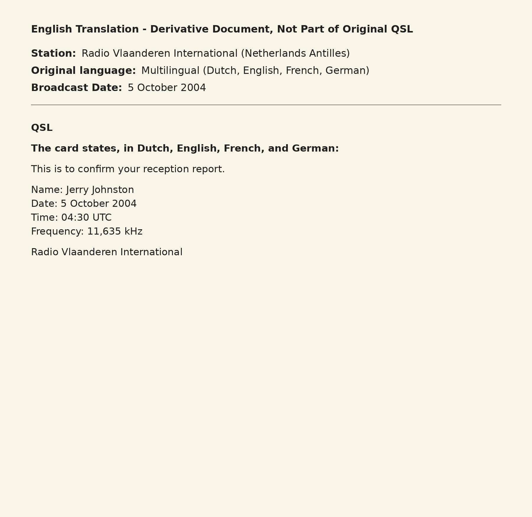 Translated of Radio Vlaanderen International QSL