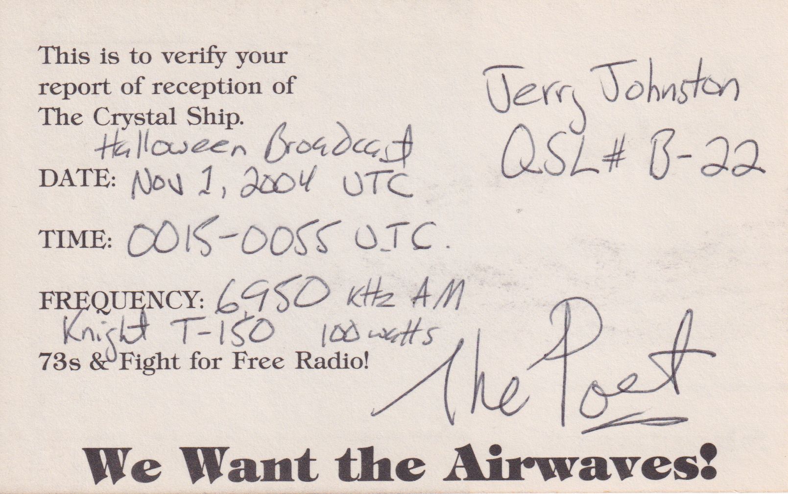 Back of The Crystal Ship (Pirate) QSL