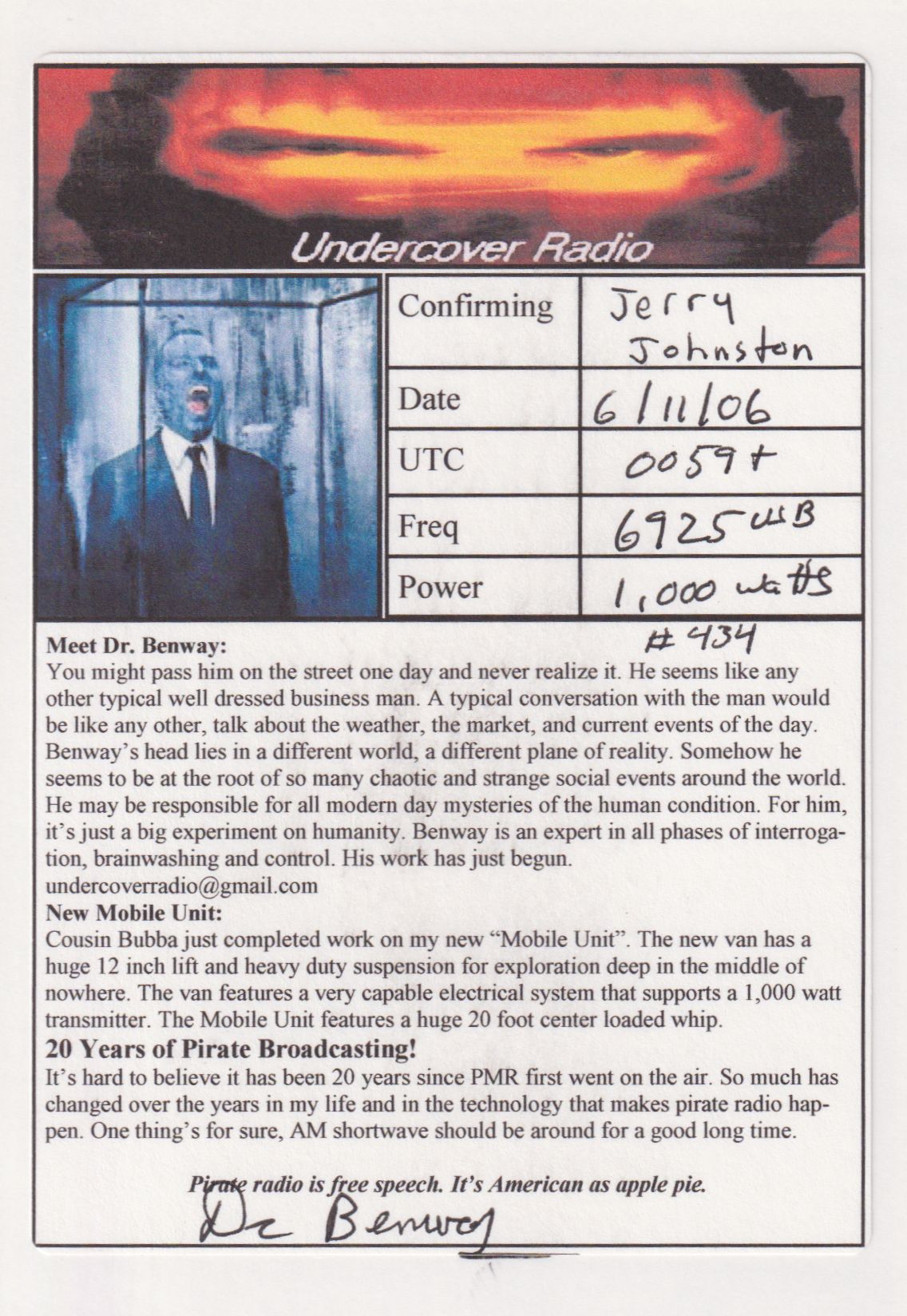 Back of Undercover Radio (Pirate) QSL
