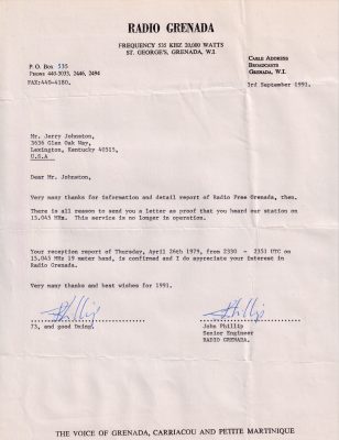 QSL letter for Radio Free Grenada