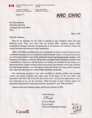 QSL letter for CHU