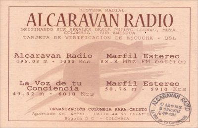 QSL front for Alcaravan Radio